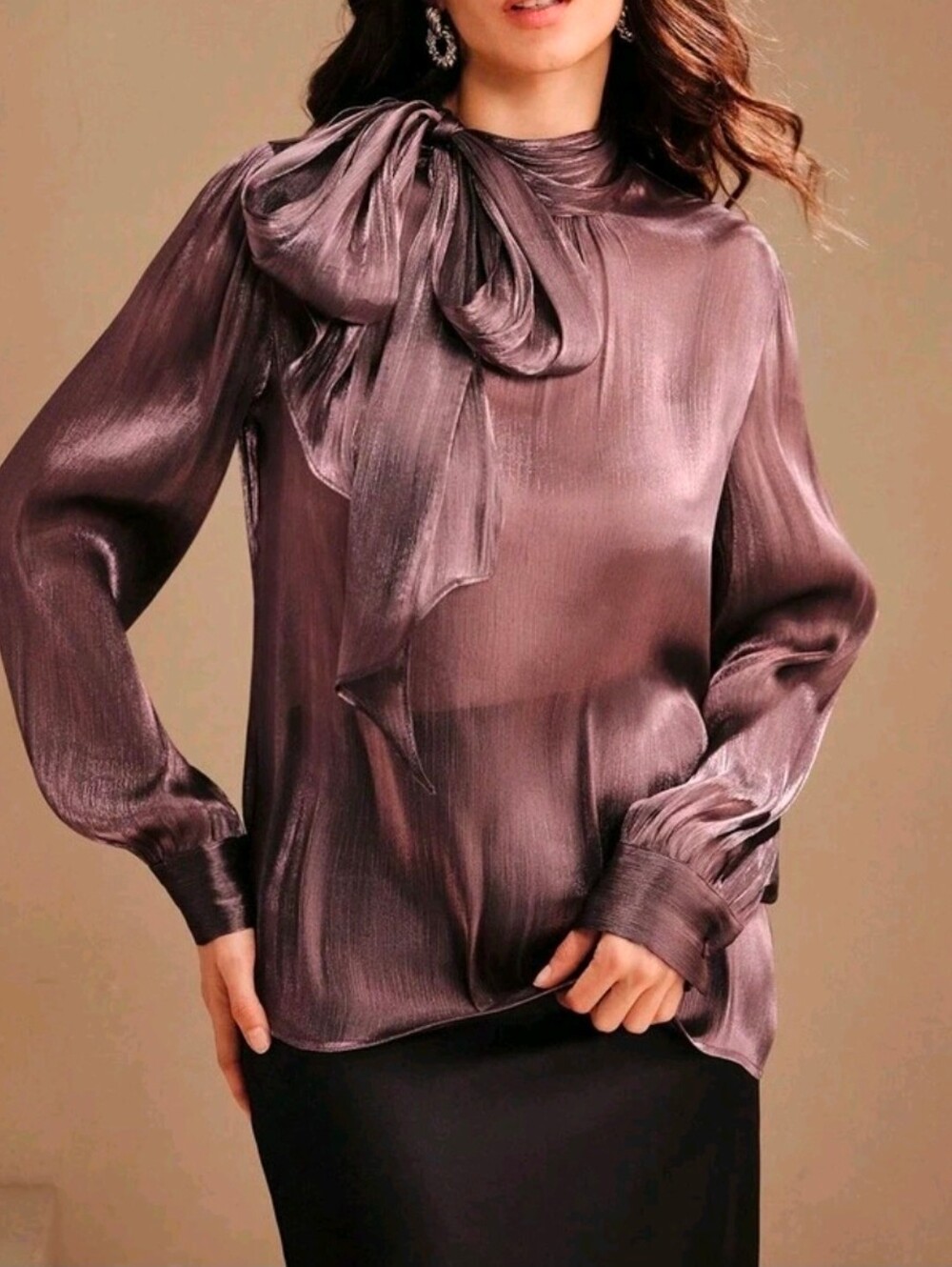 New Chic Metallic Crinkle Bow Tie Neck Top Blouse Purple - Picture 7 of 14